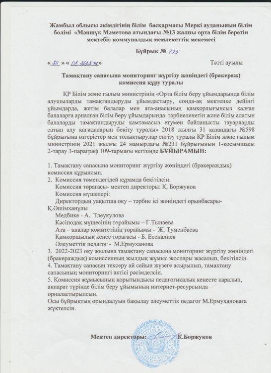 Тамақтану сапасына мониторинг жүргізу жөніндегі (бракераж) комиссия құру туралы бұйрық