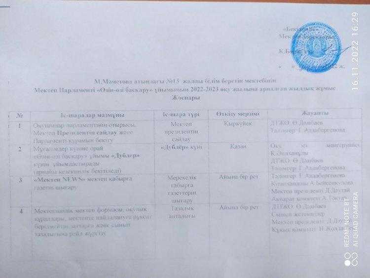 Мектеп парламенті "Өзін-өзі басқару" ұйымының жылдық жоспары