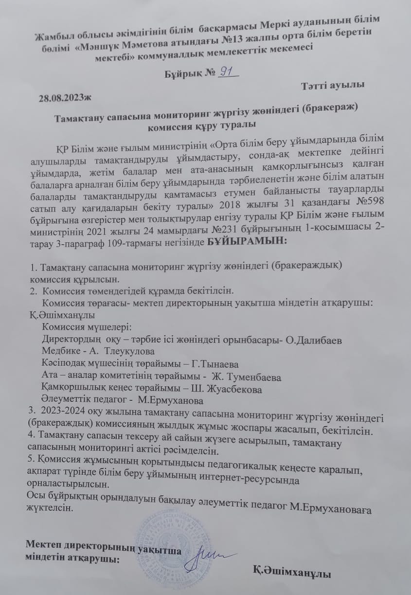 Тамақтану сапасына мониторинг жүргізу жөніндегі бракераж комиссиясының бұйрығы
