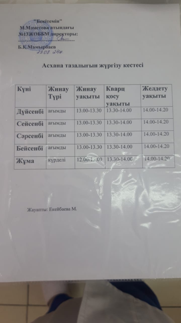 Асхана тазалау кестесі
